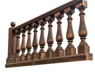 Close-up of intricately carved, vintage wooden railing with ornate balusters