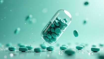 Giant clear pill holds many small green pills inside. Other pills float around capsule. Water droplets splash around medical objects. Pharmaceutical drug concept.