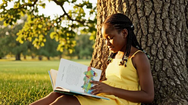 Young girl reading book under tree