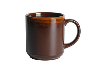 A close-up studio shot of a brown ceramic coffee mug with a rounded handle