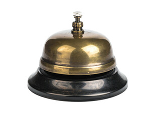 Close-up studio shot of a vintage brass bell, isolated on a black background