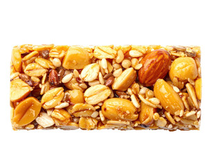A close-up shot of a single rectangular, caramel-glazed snack bar, showcasing nuts and seeds