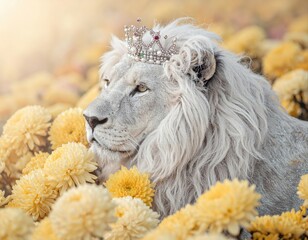 White lion wearing jeweled crown in flowers