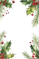 Fototapeta premium Christmas holly and pine needle border on white background. Holiday greeting frame concept.