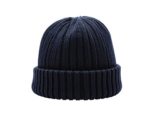 A close-up shot of a ribbed knit beanie in a dark blue hue