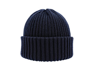 A close-up shot of a navy blue ribbed knit beanie hat against a dark background