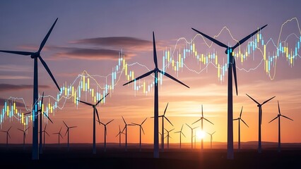 Wind turbines generating power at sunset with financial growth charts superimposed on the landscape