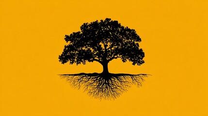 the illustration of the silhouette oak tree with roots logo design.