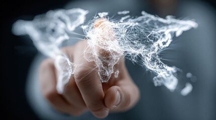 Hand touching glowing map with lines showing data connections in a dark background and light effects during a technology presentation