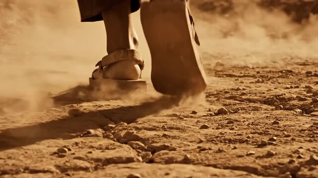 Close Up Of Person Walking In Dusty Arid Environment Wearing Sandals And Robes In Sepia Tones
