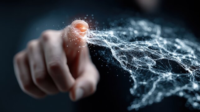 Hand touching glowing map with lines showing data connections in a dark background and light effects during a technology presentation - Powered by Adobe