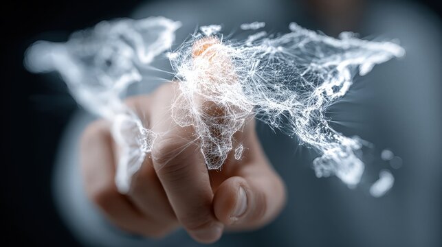 Hand touching glowing map with lines showing data connections in a dark background and light effects during a technology presentation - Powered by Adobe