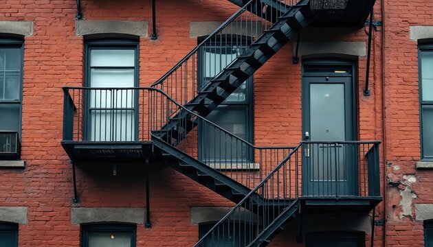 Black metal fire escape stairs ascend weathered red brick building facade. Windows, glass door offer glimpses into urban apartments. Outdoor utility access provides classic city architectural element. - Powered by Adobe