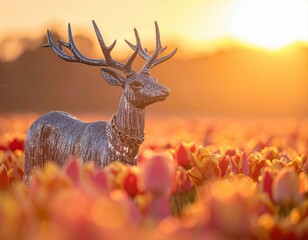Glittering deer statue in tulip field at sunset