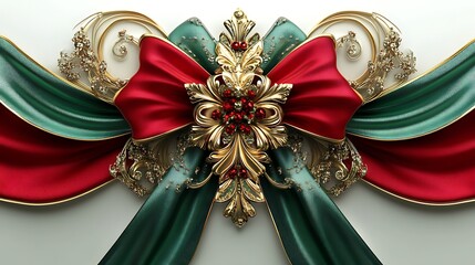 Ornate luxury bow with red and green fabric decoration

