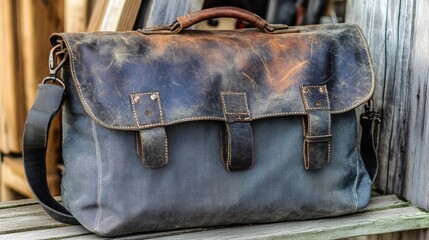A close up of a vintage distressed leather and canvas messenger bag with worn straps and buckles