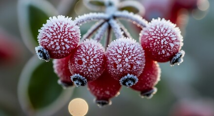 Close up macro photograph reveals vibrant red rose hips adorned with delicate, crystalline white frost needles during a cold winter morning.
