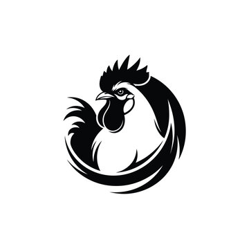 A striking black and white illustration depicting a rooster s head within a circular swirling design showcasing bold lines and
