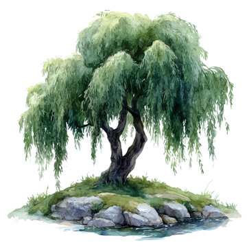 watercolor vector of A Willow Tree, isolated on a white background.