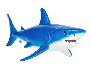 A vibrant blue shark toy with white teeth and detailed fins on a transparent background
