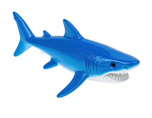 A vibrant, blue toy shark figurine against a stark black background