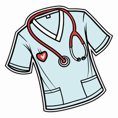 A cute cartoon illustration of a light blue medical scrub top with short sleeves, two front pockets, white trim on the V-neck, a red heart patch on the left chest, and a red stethoscope draped around 