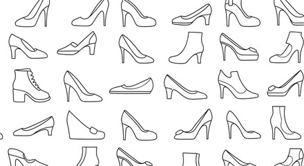 Obraz premium Comprehensive seamless pattern of various womens high heeled shoes and boots in black line art style for fashion retail background.