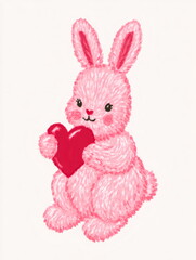 Obraz premium Cute pink bunny rabbit holding a red heart. Valentine's Day greeting card animal character. Sweet pet digital drawing for kids.