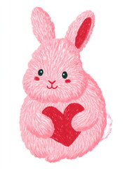 Obraz premium Cute pink bunny rabbit holding a red heart. Valentine's Day greeting card animal character. Sweet pet digital drawing for kids.