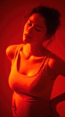 Portrait of a Pregnant Woman in Warm Red Light with Serene Expression