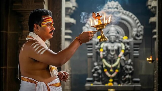 Hindu aarti is performed with small flames of brass lamp in a temple during morning worship