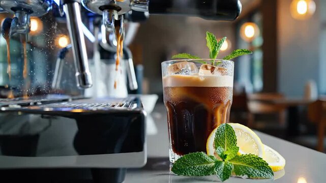 Iced Coffee Preparation With Professional Espresso Machine And Fresh Garnish In Modern Coffee Shop