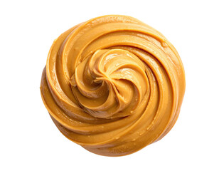 Top-down view of smooth, swirling peanut butter against a stark black background