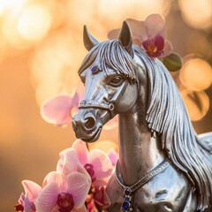 Silver horse with blue jewels and orchids at sunset