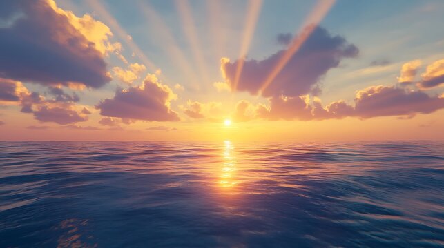 Golden ocean sunset with sun rays over calm sea
 - Powered by Adobe
