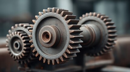 Close-Up of Rusty Mechanical Gears Working Together in Shallow Depth, Showcasing Industrial Design and Intricate Details for Engineering Enthusiasts