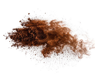 A dynamic, cloud-like explosion of brown and white powder against a stark black background