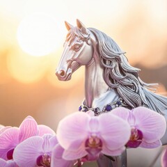 Elegant silver horse with jewels and orchids at sunset