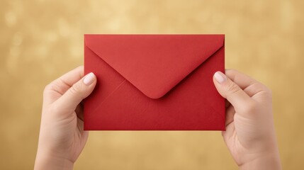 Hands Holding a Red Envelope Against a Soft Gold Background with a Focus on the Moment of Anticipation and Emotion in Stationery