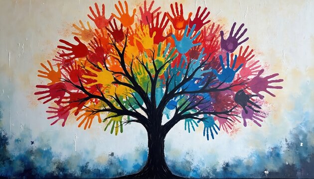Colorful tree artwork made from handprints signifies global unity, diversity, and collaboration. Different colored hands form branches and leaves of a large tree against a white sky background.