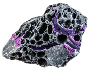 A porous, dark gray stone with numerous holes, speckled with bright purple streaks
