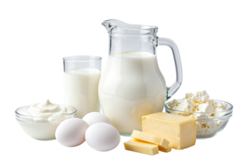 Fresh dairy products and eggs arranged together