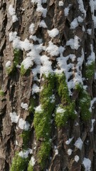 Obraz premium Moss and Snow on Tree Bark Nature Close-Up Textures. Concept featuring tree bark, moss, snow, nature, close-up.