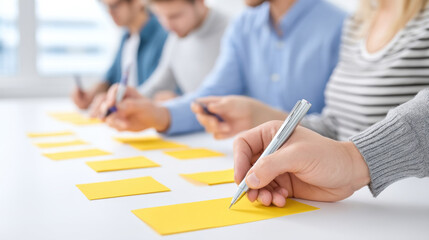 Team brainstorming session with hands writing on sticky notes, fostering collaboration and creativity in the workplace.