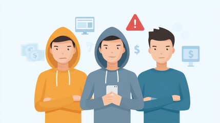 Three young men in hoodies discussing online security and alerts with a technological backdrop.