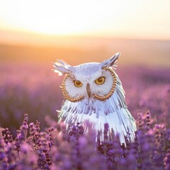 Stylized silver owl in lavender field at sunset