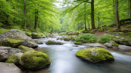 Obraz premium Tranquil river flowing through lush greenery, adorned with mossy rocks and surrounded by serene nature.