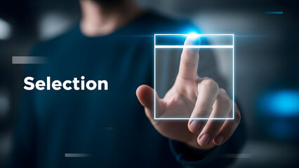 A person interacting with a futuristic interface selecting an option with their finger