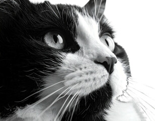 B&W close-up of a domestic feline looking upwards with inquisitive eyes and contrasting fur