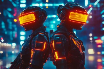 Two cyberpunk soldiers with glowing visors stand back to back, against a night cityscape background with vibrant neon lights